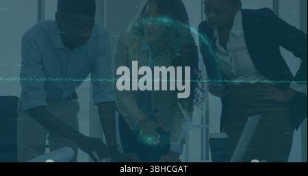 Image of globe over diverse businesspeople in office. Business, finance and economy concept digitally generated image. Stock Photo