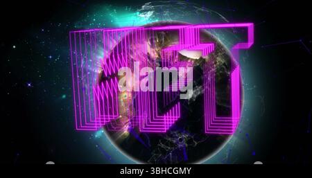 Image of nft text in purple over globe. Global cryptocurrency, computing, connections, data processing and digital interface concept digitally generat Stock Photo