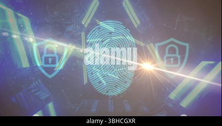 Displaying central fingerprint graphic on virtual interface, with shield icons and data fragments. Cybersecurity, technology, digital, futuristic, sec Stock Photo