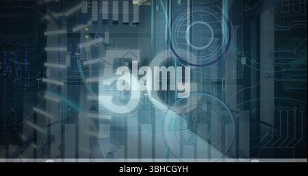 Image of 5g text, statistics and data processing over computer servers in background. Global networks, data processing, digital interface and connecti Stock Photo