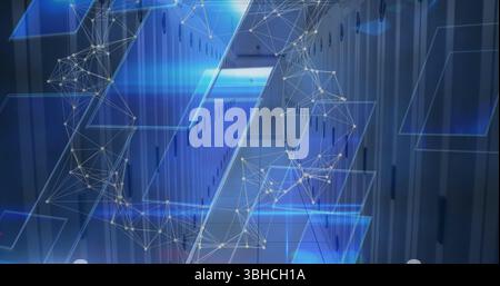 Displaying holographic blue panels streaming through server room aisle between server racks. Technology, data, cybersecurity, network, innovation, fut Stock Photo