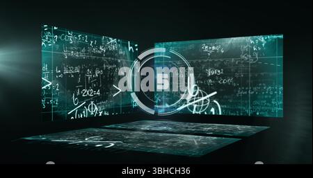 Floating countdown timer displaying five in virtual chamber, with holographic screens and equations. Futuristic, virtual, holographic, digital, immers Stock Photo
