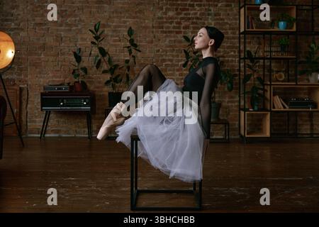 Elegant ballerina in a beautiful tutu practicing her moves in a serene studio setting Stock Photo