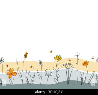 Vector nature seamless border with honey bees, wild herbs and flowers on rainbow background. Continuous line drawing. Doodle hand drawn style floral Stock Vector
