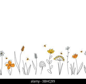 Vector nature seamless border with honey bees, wild herbs and flowers on white. Continuous line drawing background. Doodle hand drawn style floral Stock Vector