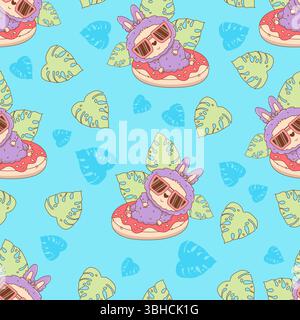 Seamless Beach pattern. Cute Monster Toy In sunglasses swim on inflatable donut pool on blue background with tropical leaves. Kids Cartoon Funny summe Stock Vector