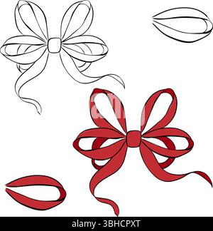 Red Ribbon isolated on transparent background. Vector graphic line ink illustration. Red Silk Ribbon, Perfect for cards, decorations, stickers, logo, Stock Vector