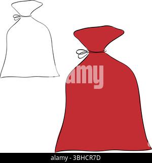 Santa Claus red bag isolated on white. Vector graphic line ink illustration. Winter holidays concept. Container for xmas gifts and presents. Sample po Stock Vector