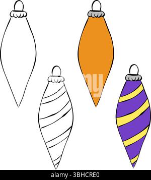 Toy Christmas tree isolated on transparent background. Vector graphic line ink illustration. Banner, poster, wrapping paper, sticker, print, modern te Stock Vector