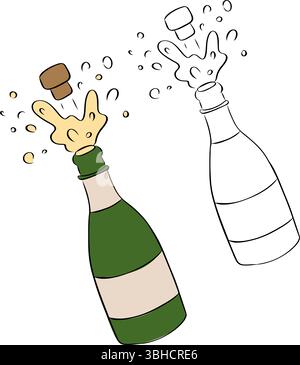 Champagne bottle explosion. Cheers. Celebration. Holiday toast. isolated on transparent background. Vector graphic line ink illustration. for package, Stock Vector