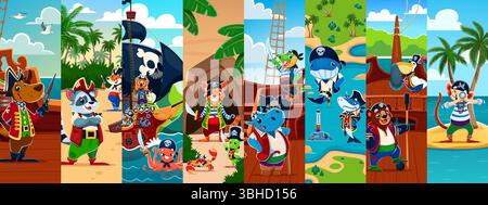 Cartoon animal pirate and corsair characters collage. Dog, raccoon, fox, hippo and octopus, whale, shark, beer and monkey corsairs captain, pirate sailor, skipper funny characters on ship and island Stock Vector