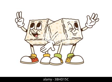 Cartoon groovy sugar cubes characters. Two pieces of brown sugar funny vintage personages. Dessert cooking, confectionery culinary ingredients funny character, sugar cubes groovy vector mascots Stock Vector