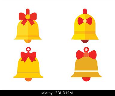 Collection of Golden Bells with Red Bows Festive Holiday Icons Stock Vector
