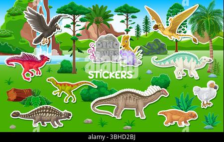 Cartoon prehistoric dinosaurs stickers pack, vector dino characters ...
