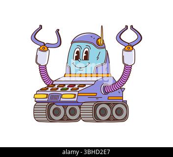 Cartoon groovy robot character with tracked base, claw arms and screen face. Vector Moon rover, comic mechanical droid personage with antenna, expressive eyes, buttons and Funny y2k retro vibe Stock Vector