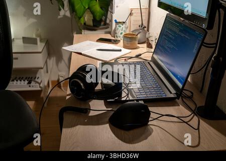 Home office desk at night. High quality photo Stock Photo