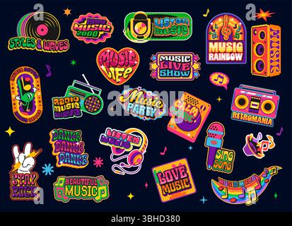 Music sound y2k groovy funky stickers, funky entertainment patch labels with retro 2000s vibes featuring radios, headphones, notes, records, speakers, and concert slogans. Vector set for music lovers Stock Vector