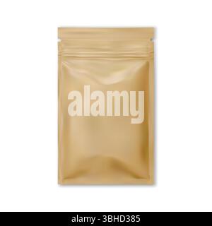Craft paper pouch mockup, snack brown sachet. Organic food paper bag, realistic zipper design packet. Recycling packaging blank for tea, cookie or can Stock Vector