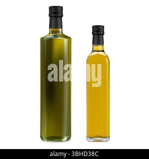 Natural organic oil bottle, yellow and green glass set. Fresh extra virgin olive oil bottle collection. Italian cuisine medditerian diet meal vegetabl Stock Vector