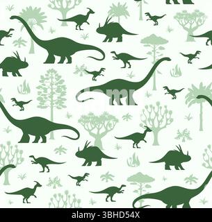 Dinosaurs seamless pattern with light green silhouettes of prehistoric dino species roam amidst ancient trees and plants on white background. Vector childish tile with dino at tropical landscape Stock Vector