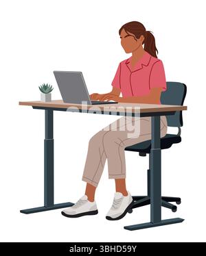 Young woman sitting at the desk and working on laptop vector ...