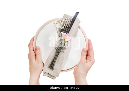Table Setting With Pink Plate, Gray Napkin, Flowers, And Cutlery On Transparent Background Stock Photo