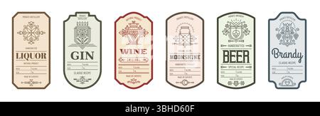 Alcohol label templates with vector line geometric pattern. Alcohol drink bottle labels set for wine, beer, gin and brandy, liquor and moonshine beverages with outline grapes and flowers ornaments Stock Vector
