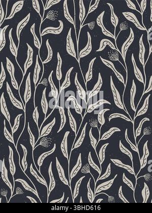 Seamless vector pattern block print botanical leaves and flowers on dark black background. Vector illustration Stock Vector