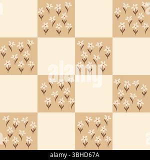 Beige checkered seamless pattern with dainty white floral bouquets. Vector illustration Stock Vector