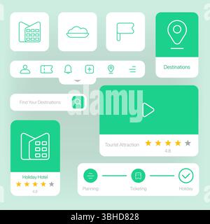 A comprehensive set of modern user interface UI elements designed for a travel or holiday app Stock Vector