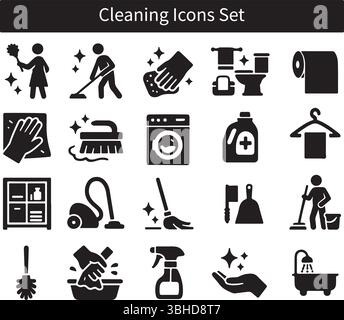 Cleaning Icons Set – Housekeeping, Sanitation, and Hygiene Symbols Collection Stock Vector