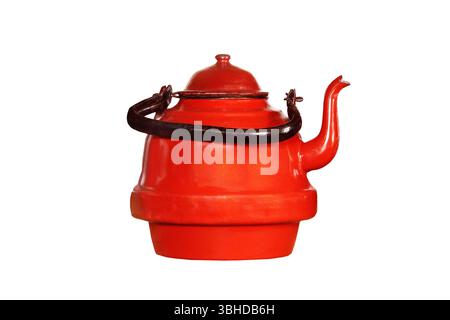 vintage red iron teapot isolated on white background Stock Photo