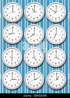 set of round analog wall clocks with all the12 hours on the dial Stock Photo