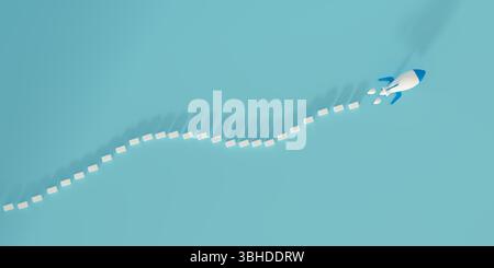 3D render of airplane routes and flying along a path of white blocks. Ideal for concepts of travel planning, Aviation routes, flight navigation, touri Stock Photo