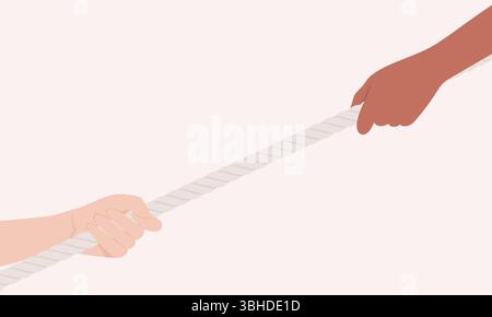 Two hands of different skin tones pulling a rope in opposite diagonal directions. Flat vector illustration Stock Vector