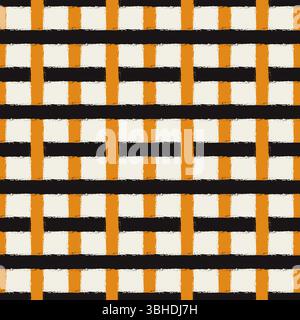 Raster orange, bone white and black Halloween grunge plaid. Seamless raster check pattern background. Geometric grid weave autumn fall backdrop Stock Photo