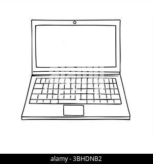 Open laptop stylized vector illustration painted by black inks. Front view. Monochrome flat of notebook for tech presentations, startup branding Stock Vector