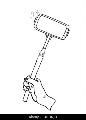 Hand holding selfie stick with smartphone monochrome vector illustration painted by black inks. Mobile phone on monopod line art for social media Stock Vector