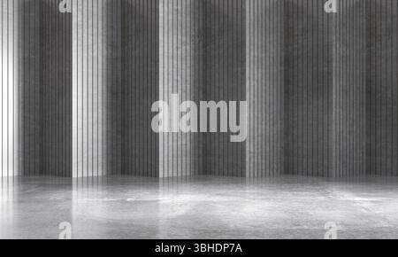 Empty concrete room with vertical striped walls and polished floor 3d Stock Photo
