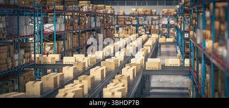 Cardboard boxes are moving on automated conveyor belt 3d Stock Photo
