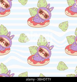 Seamless summer pattern. Cute Monster Toy In sunglasses swim on inflatable donut on striped background with tropical leaves. Beach Cartoon Funny kawai Stock Vector
