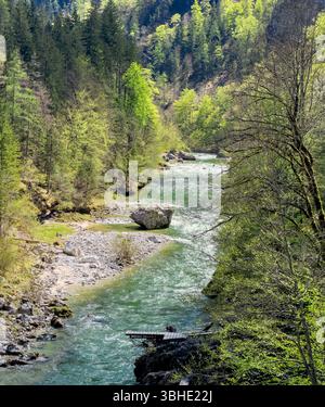 View from the suspension bridge of a small mountain river flowing among the Alpine mountains. Stock Photo