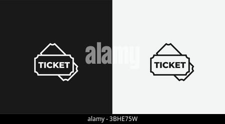 White Outline Icon Ticket with TICKET Text on Black and White Backgrounds, Representing Events or Entry Stock Vector
