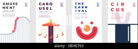 Flat vector poster set of amusement park and funfair themes. Includes circus, rollercoaster, carousel, clown and festive elements. Perfect for kids events, city fairs and carnival invitations. Stock Vector