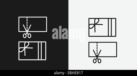 White Outline Icon Scissors Cutting a Coupon or Gift Card on Black and White Backgrounds Stock Vector