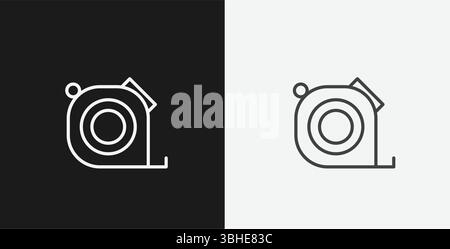 Retractable Measuring Tape or Tape Measure on Black and White Backgrounds, Representing Construction or Measurement, White Outline Icon Stock Vector