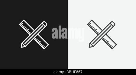 Crossed Ruler and Pencil on Black and White Backgrounds, Representing Design or Education, White Outline Icon Stock Vector