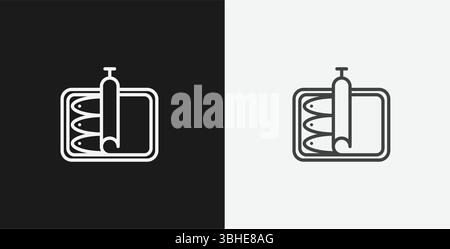 Open Can of Sardines with Key on Black and White Backgrounds, Representing Canned Food or Seafood, White Outline Icon Stock Vector