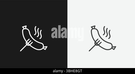White Outline Icon Grilled Sausage on a Fork with Steam on Black and White Backgrounds, Representing Food or BBQ Stock Vector