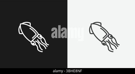 Squid or Calamari on Black and White Backgrounds, Representing Seafood or Marine Life, White Outline Icon Stock Vector